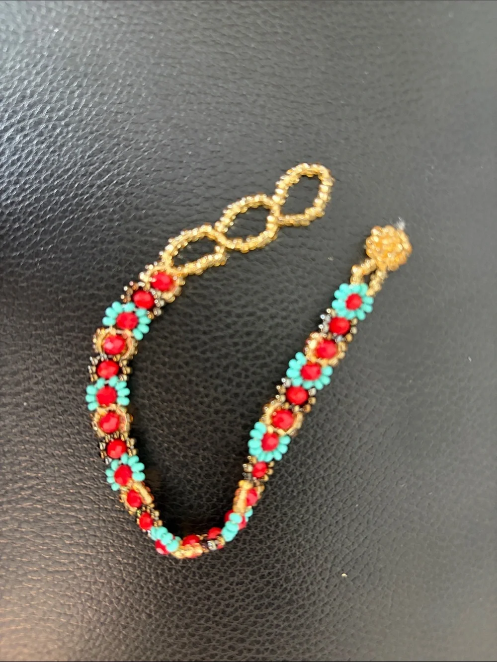 Gold-Tone Bracelet with Red and Turquoise Stones - Women Jewelry